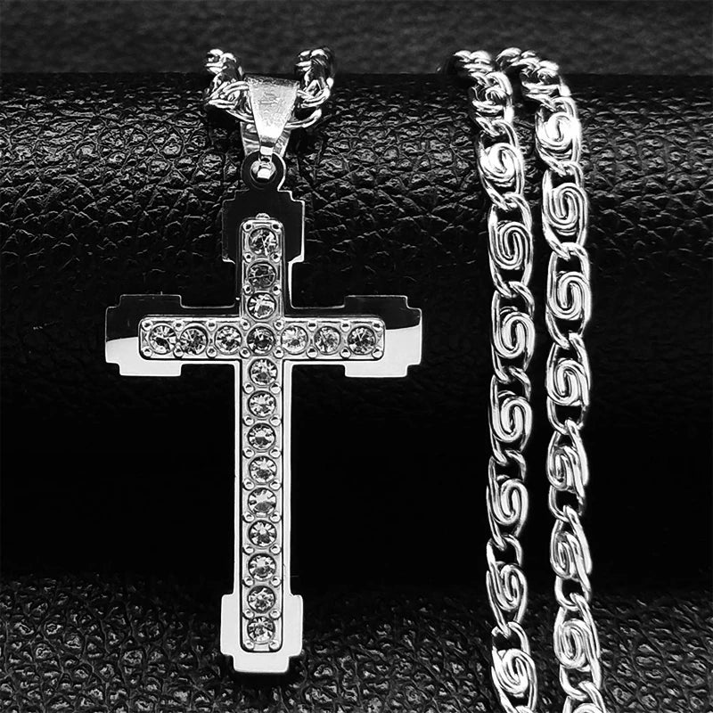 Catholic Jesus Cross Stainless Steel Necklace Saint Benedict Crystal Virgin Mary Pendant Crucifix Male Necklaces Jewelry Cruz