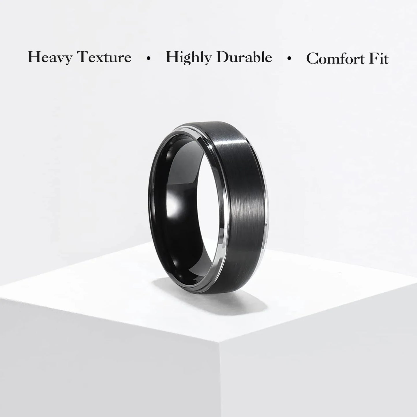 Fashion 8mm Black Brushed Stainless Steel Rings for Men Silver Color Step Edge Men Promise Rings Wedding Party Jewelry Gifts