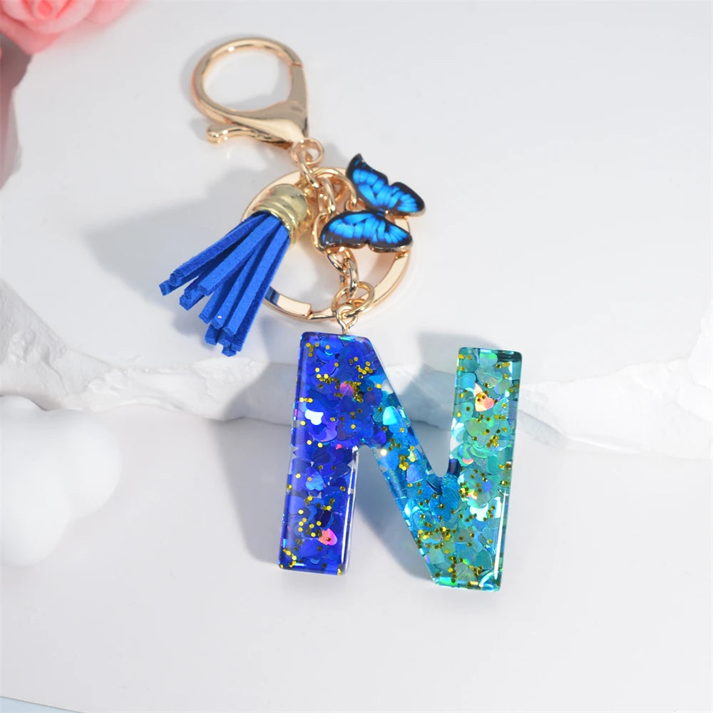 Sea Blue A To Z 26 Letter Keychain Women Wallet Charms 26 Initials Alphabet Butterfly Tassel Pendant With Key Rings Jewelry Gift N 55mm