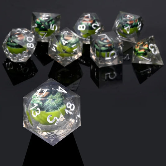 1-7pcs Crocodile Eye DND Solid Resin Dice Set Transparent Sliver Word Multi-sided Polyhedral Dice for D&D Game COC Role RPG D20