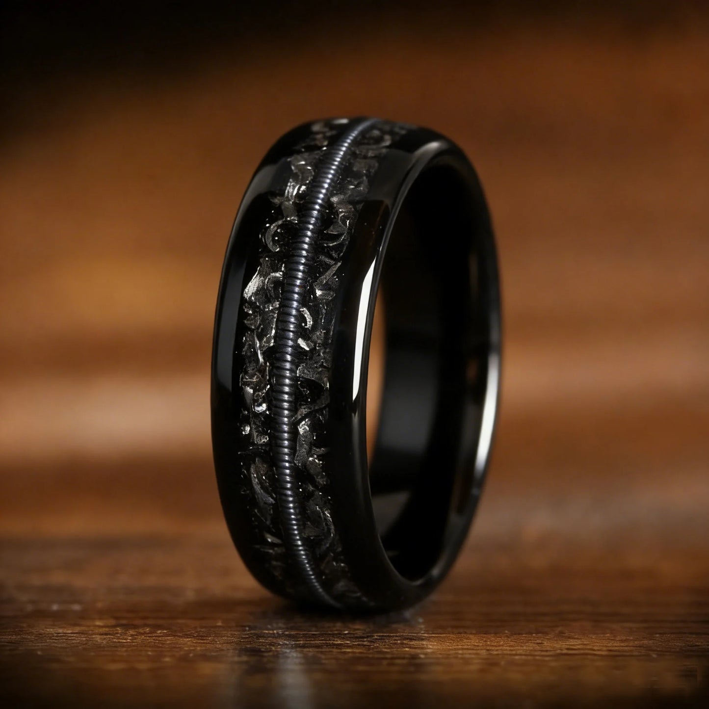 Fashion 8mm Black Stainless Steel Guitar String Rings for Men With Meteorite Inlay Guitarist Ring Men Wedding Band Jewelry