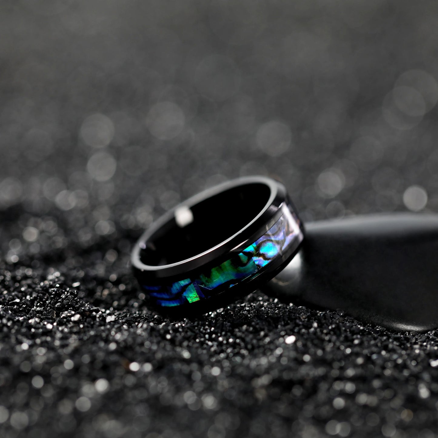 Fashion 8mm Men's Black Stainless Steel Ring Colorful Abalone Shell Inlay Beveled Edged Titanium Ring Men's Wedding Band