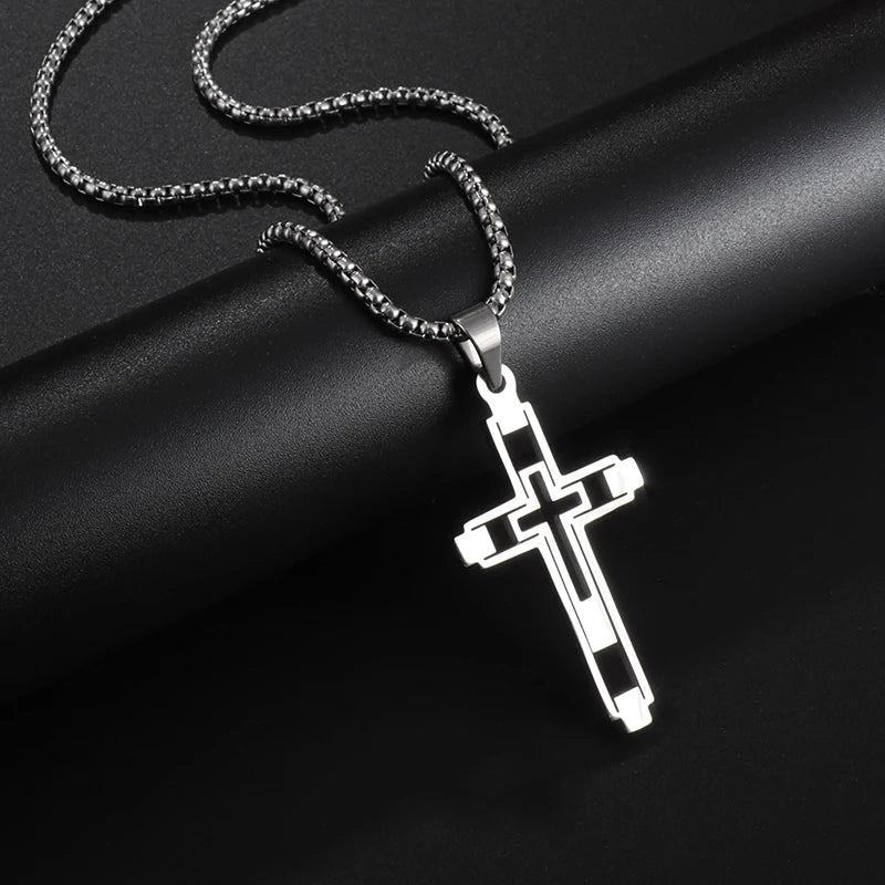 Fashion Creative Cutout Double Cross Stainless Steel Pendant Necklace for Men Classic Women Church Prayer Jewelry