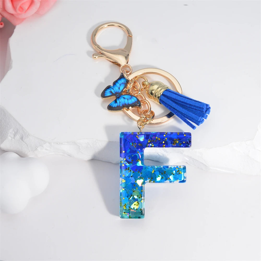 Sea Blue A To Z 26 Letter Keychain Women Wallet Charms 26 Initials Alphabet Butterfly Tassel Pendant With Key Rings Jewelry Gift F 55mm