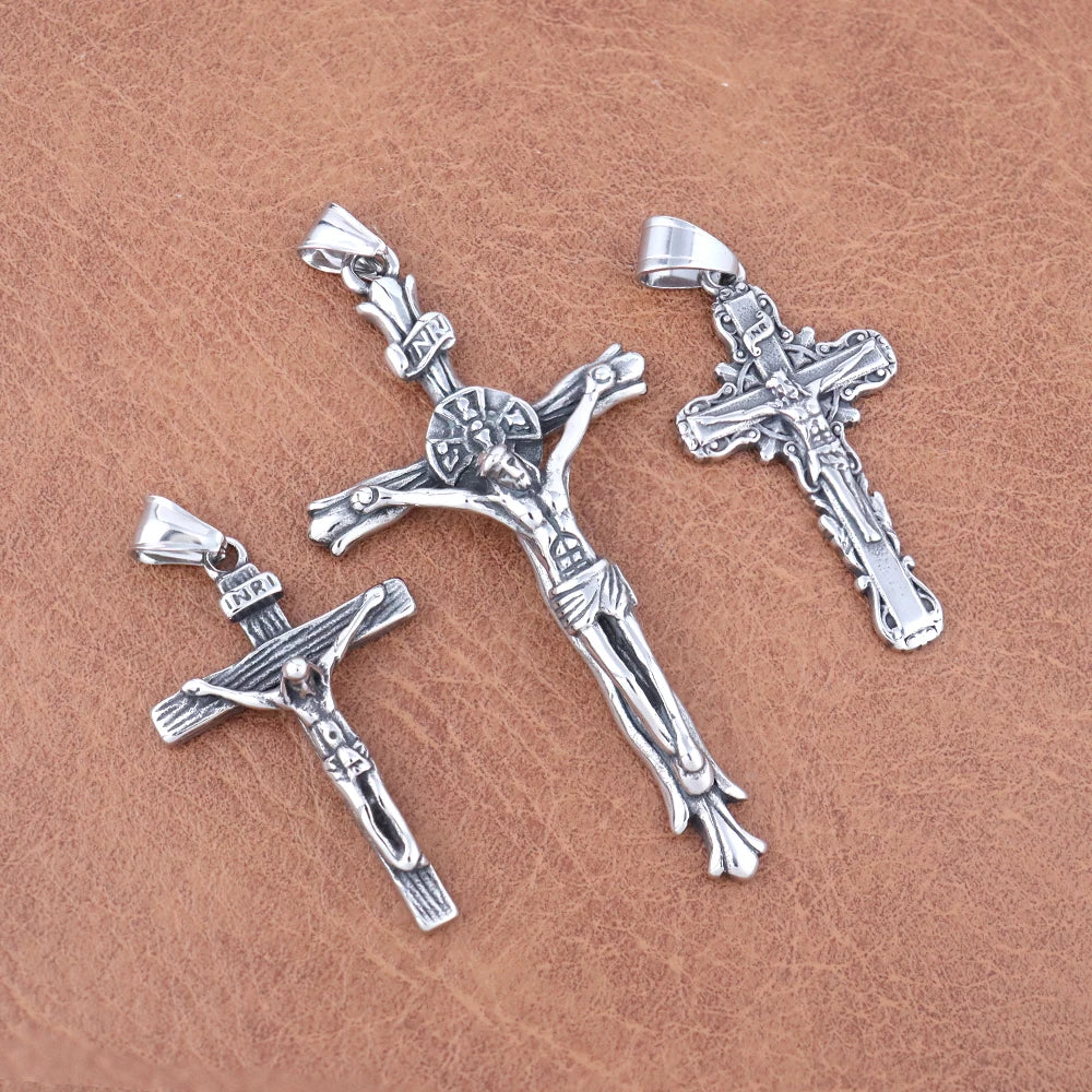 Vintage Stainless Steel Jesus Cross Necklace Men's Classic Religious Believer INRI Cross Pendant Jewelry Creative Gift