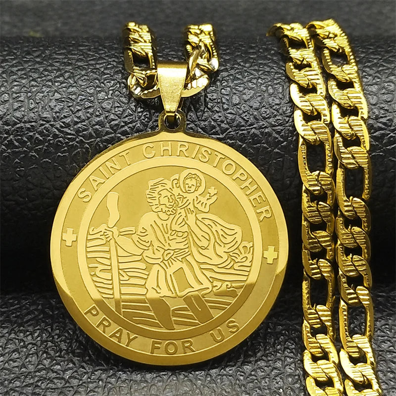 Jesus Saint Christopher Protect Us Pendant Necklace For Women Men Stainless Steel Gold Color Round Party Christian Jewelry