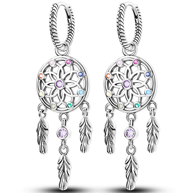 Genuine 925 Sterling Silver Starry Moon Feather Hoop Earrings Fit Original Charms Fashion Women Earrings Jewelry Gift 2024 New KTE144