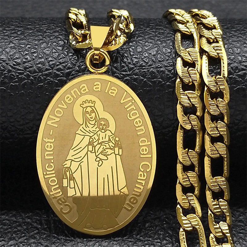 Catholic Virgin Mary Madal Necklace Men Women Stainless Steel Necklaces Jewelry Gift Novena a La Virgen Del Carmen NZZZ137S05
