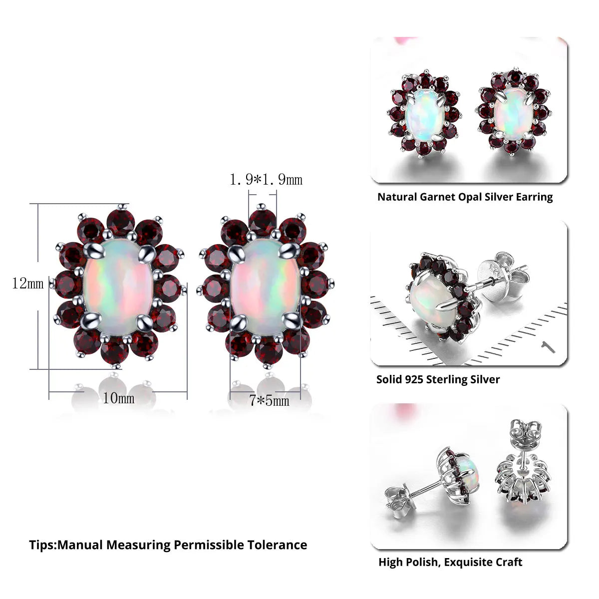 Natural Opal Garnet Sterlig Silver Stud Earring Multicolor 2 Carats Genuine Gemstone Women Romantic Birthday New Year Gifts