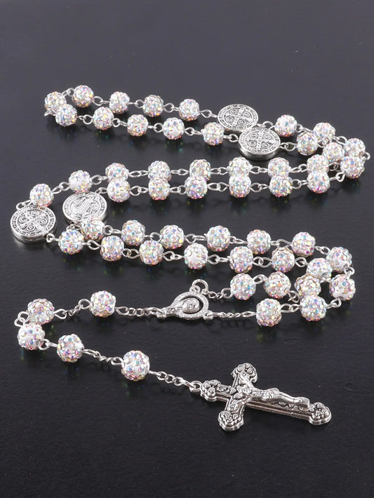 1 Piece Retro Classic Multi-Color 8mm Round Rosary DIY Pure Handmade Work Cross Religious Necklace Men's and Women's Jewelry GIF