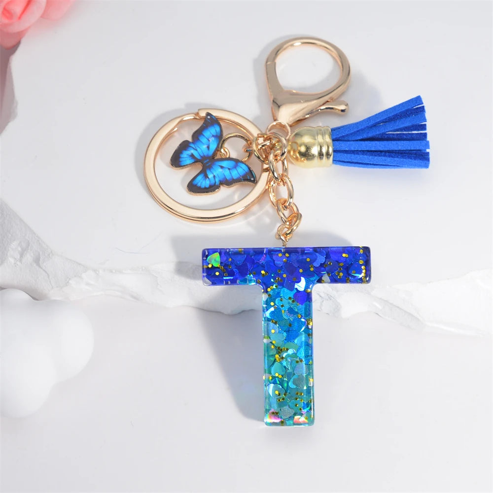 Sea Blue A To Z 26 Letter Keychain Women Wallet Charms 26 Initials Alphabet Butterfly Tassel Pendant With Key Rings Jewelry Gift T 55mm