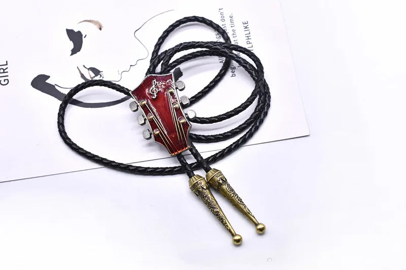 Popular guitar instrument genuine leather polo tie pendant necklace,adjustable,oil dripping technique,gift for music enthusiasts
