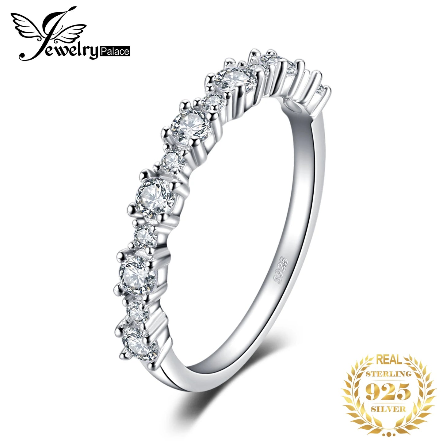 JewelryPalace 5A CZ Half Eternity Classic Design 925 Sterling Silver Wedding Engagement Band Ring for Woman Fashion Fine Jewelry