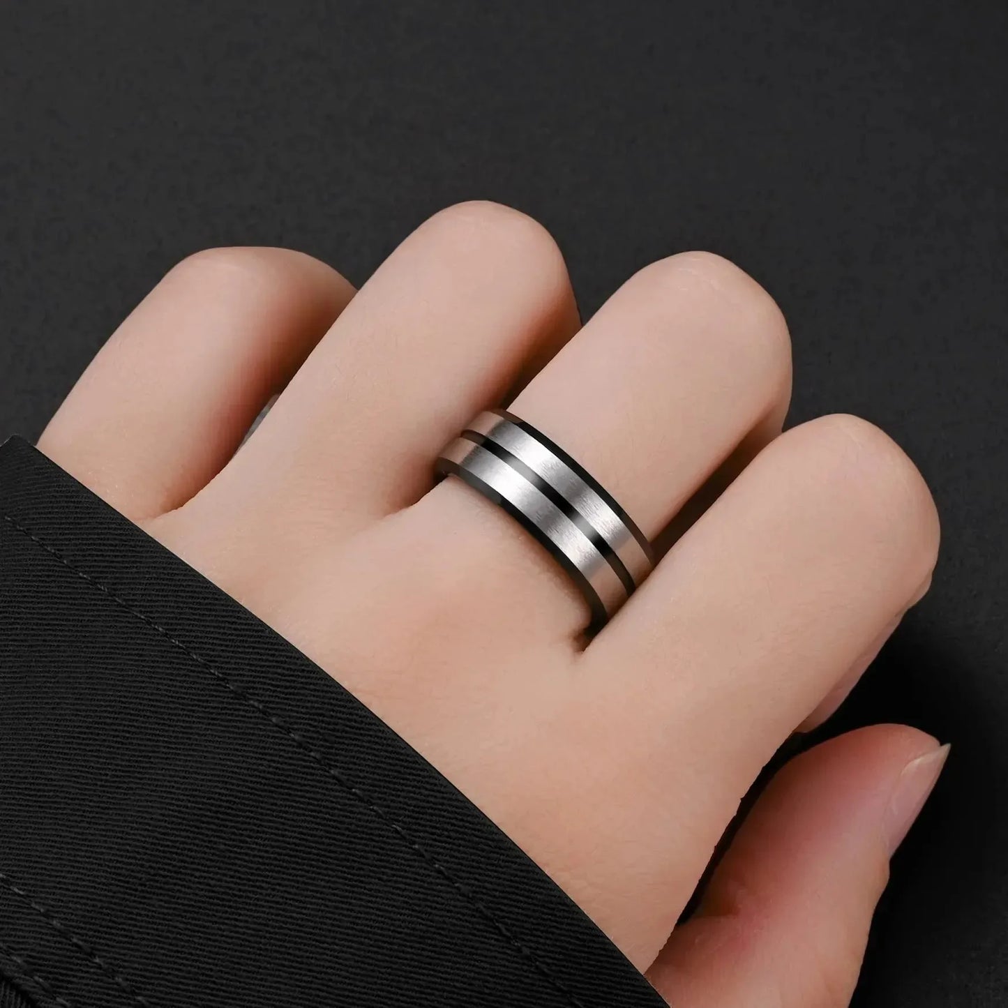 Fashion 8mm Black Stainless Steel Rings For Men Women Silver Color Brushed Beveled Edge Men Promise Rings Wedding Bands Jewelry