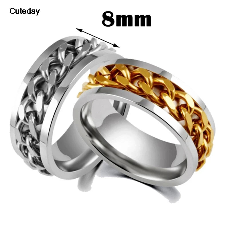 Stainless Steel Chain Rotating Anxiety Black Rings For Men Fidget Metal Spinner Knuckle Ring Anillos De Hombre