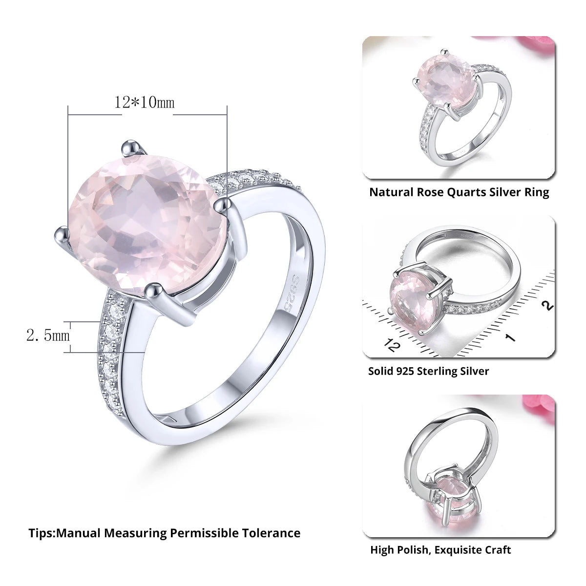 Natural Rose Quarts Sterling Silver Ring 4.2 Carats Genuine Gemstone Light Gentle Pink Crystal S925 Women Anniversary Gifts