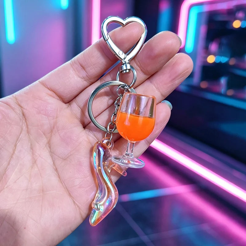 New Colorful Wine Glass High Heels Keychain Cute Laser Princess High Heels Acrylic Pendant with Heart shaped Buckle Suitable for