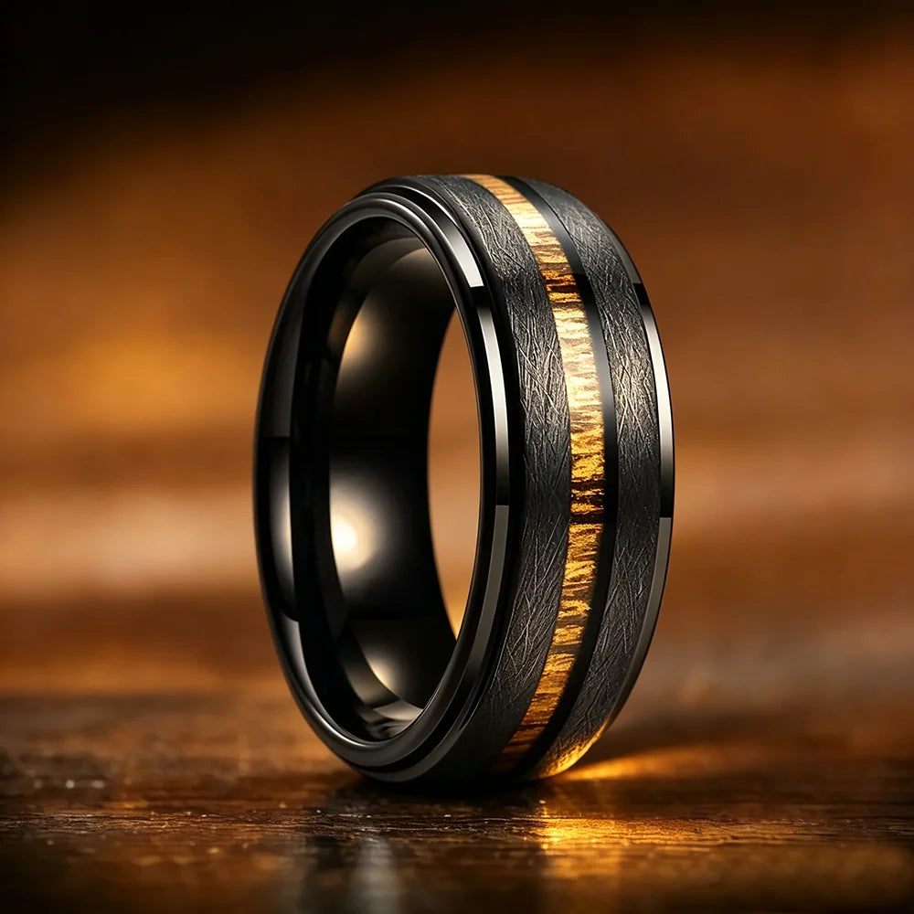 With Hawaiian Koa Wood Inlay Rings Matte Brushed Finish Fashion 8mm Black Stainless Steel Rings for Men Wedding Jewelry