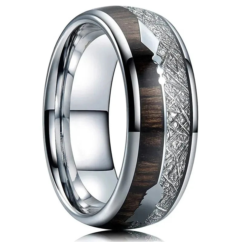 Fashion 8mm Black Stainless Steel Arrow Rings For Men Inlay Meteorite Hawaiian Koa Wood Rings Men Wedding Band Jewelry Wholesale