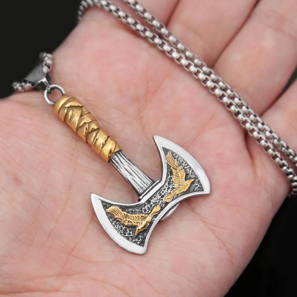 Stainless Steel Men's Viking Axe Pendant Chain Never Fading Nordic Double Eagle Necklace Amulet Jewelry Accessories