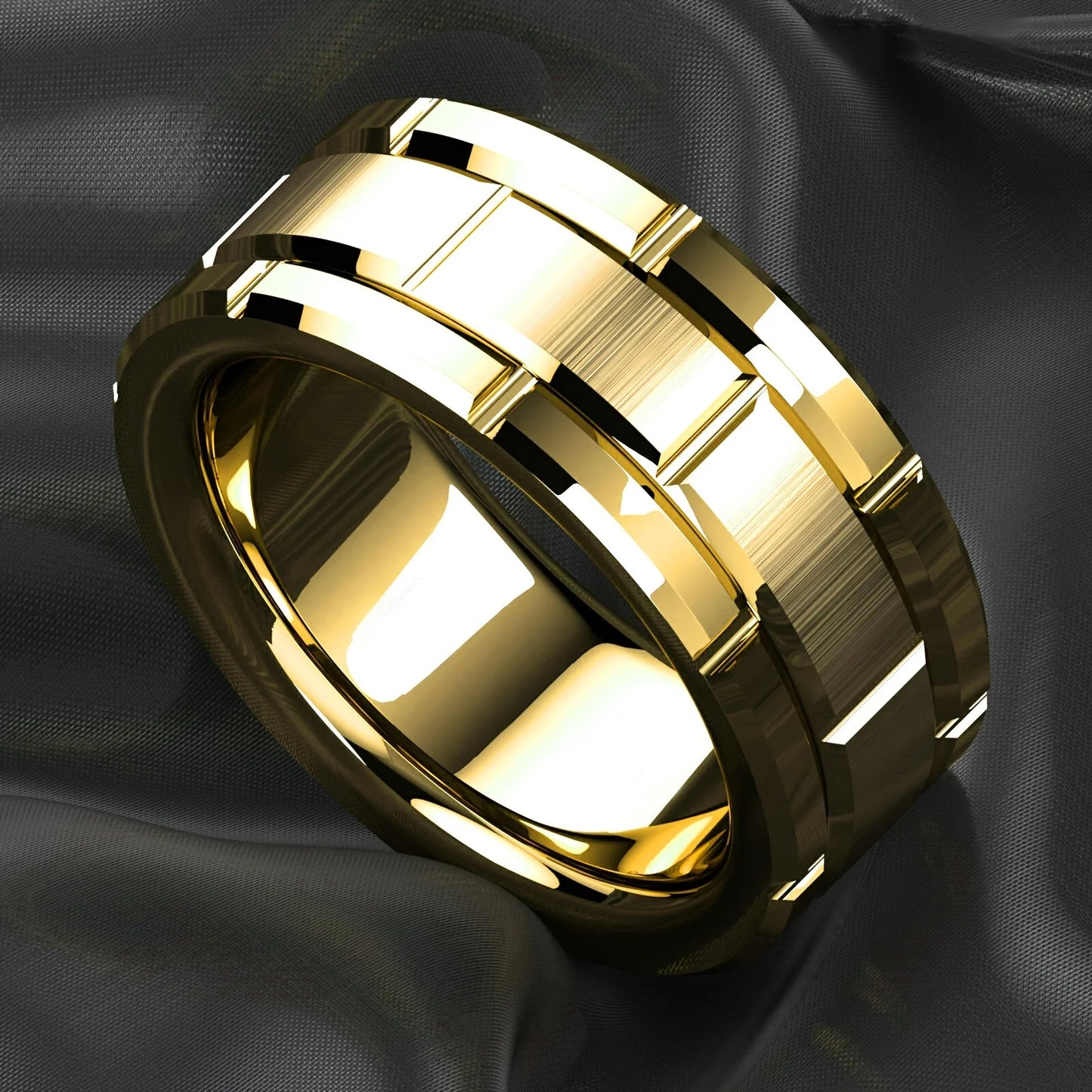 Fashion 8mm Brick Pattern Stainless Steel Rings For Men Black Brushed Double Groove Men Engagement Rings Wedding Band Jewelry