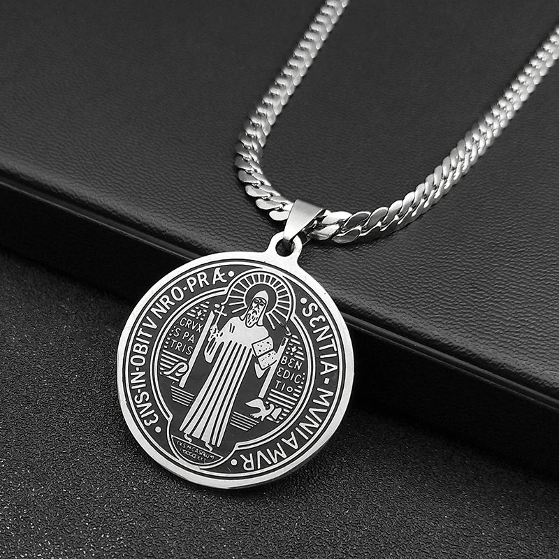 San Benito Exorcist Pendant Necklace for Women Men Stainless Steel Christian Saint Benedict Religious Amulet Chain Jewelry