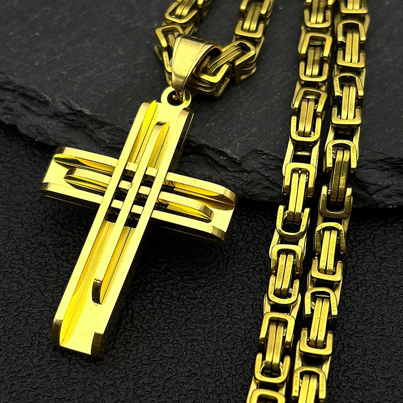 Jesus Christian Cross Pendant Necklaces for Men Stainless Steel Gold Color Hip Hop Chain Necklace Amulet Jewelry Collar Gift