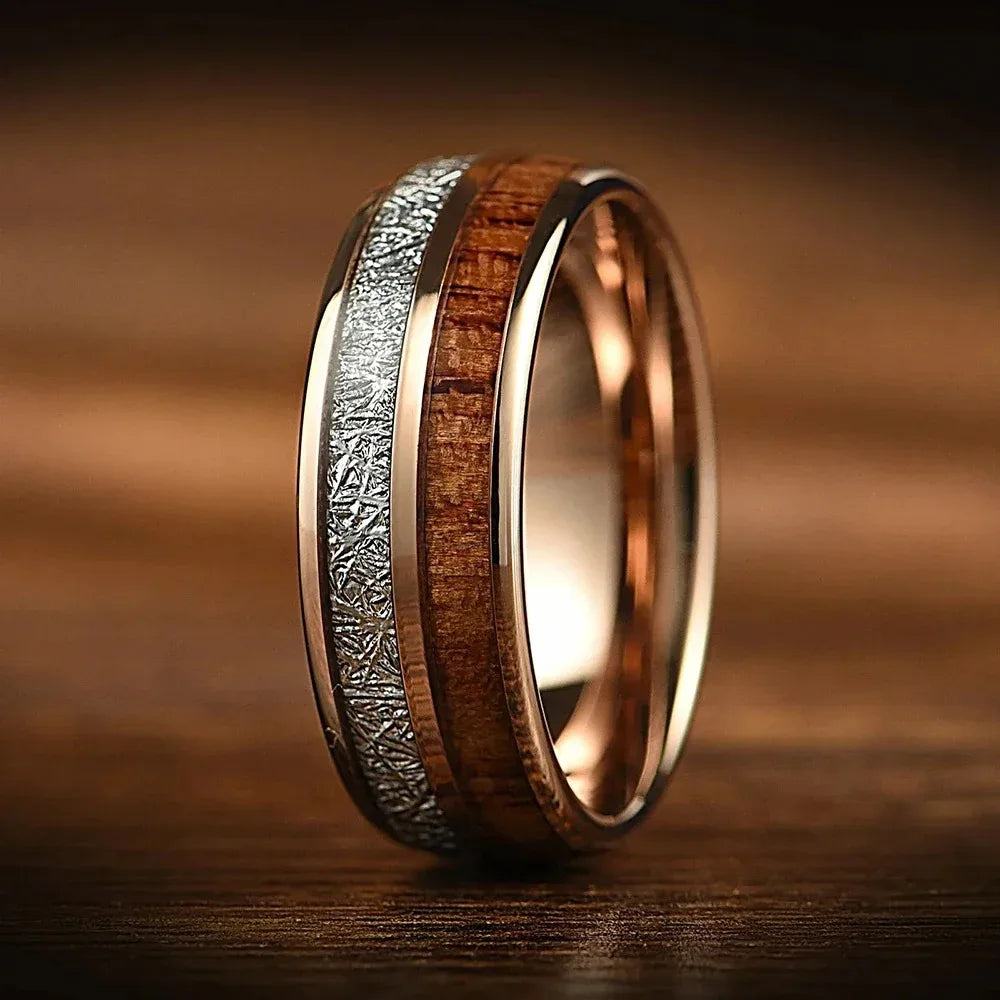 Fashion 8mm Black Color Stainless Steel Rings for Men Double Groove Meteorite Inlay Dome Men Finger Ring Wedding Band Jewelry