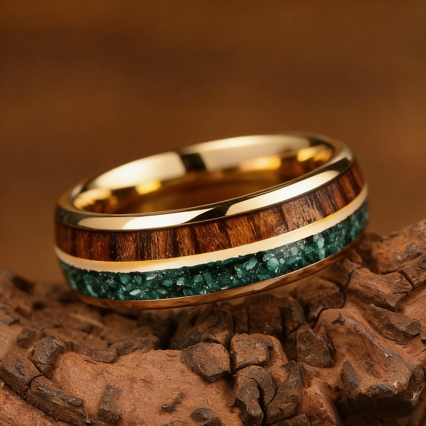 With Malachite and Koa Wood Inlay Fashion 8mm Golden Men Stainless Steel Rings for Men Wedding Band Jewelry Gift Drop Shipping