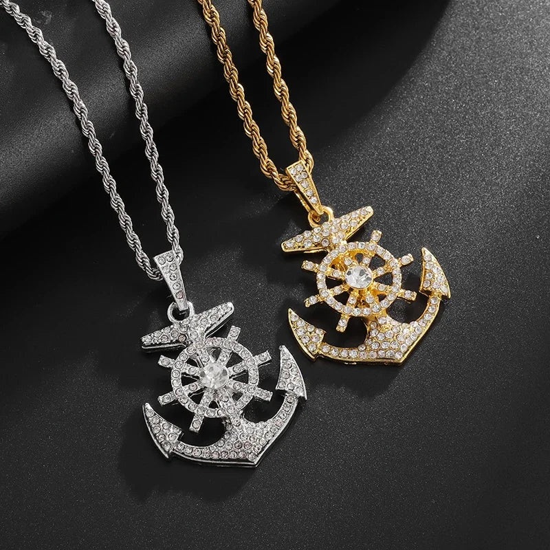 Hip Hop Ice Out Anchor Pendant Necklace for Men Women Fashion Rock Jewelry Music Festival Party Christmas Gift