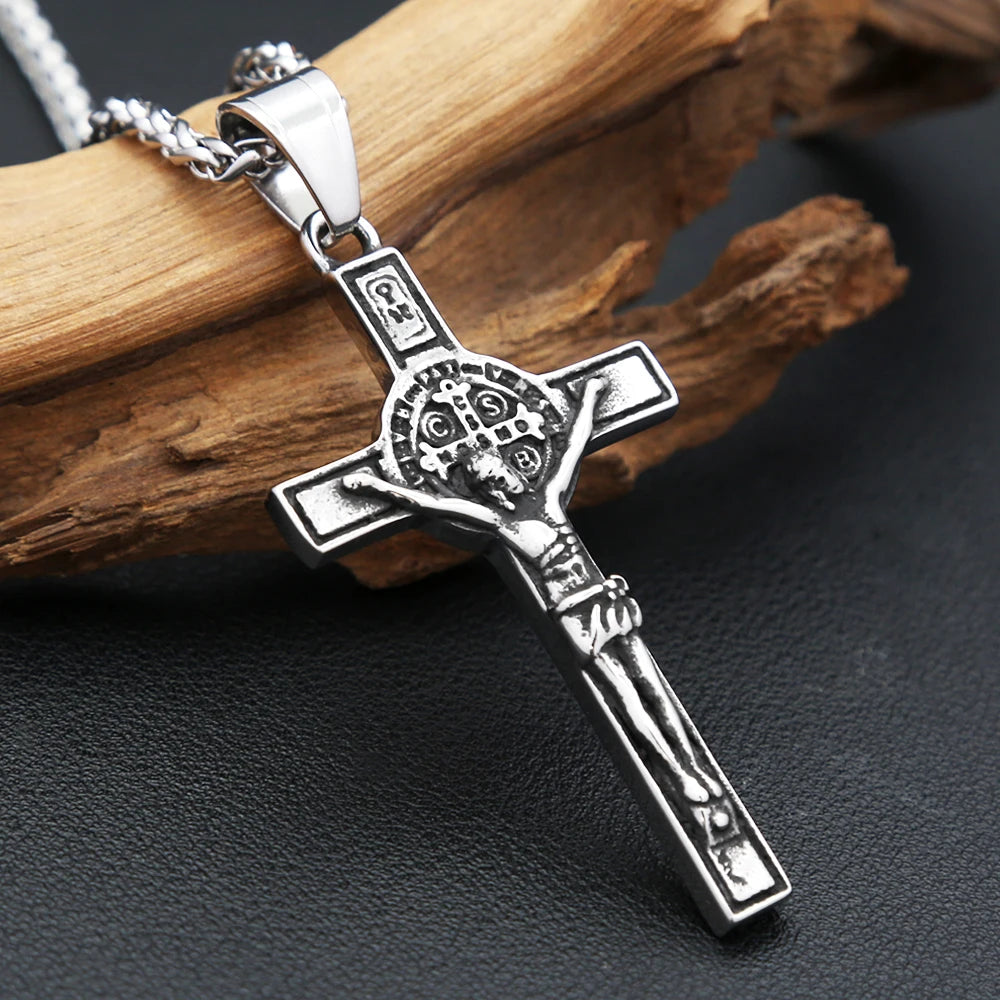 Vintage 316L Stainless Steel Crucifix With Saint Benedict Medal Pendant Necklace For Men Women Catholic Amulet Jewelry Wholesale