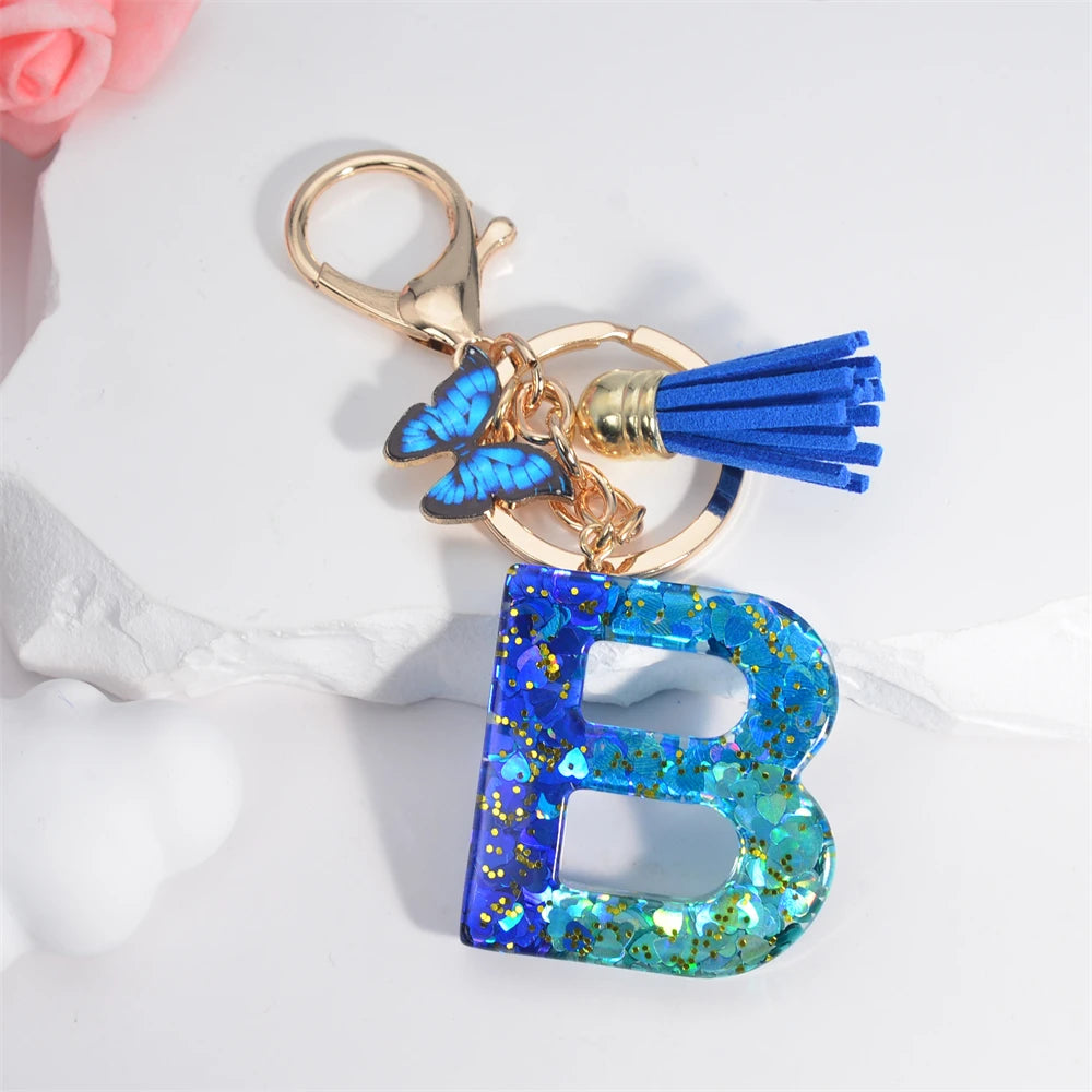 Sea Blue A To Z 26 Letter Keychain Women Wallet Charms 26 Initials Alphabet Butterfly Tassel Pendant With Key Rings Jewelry Gift B 55mm