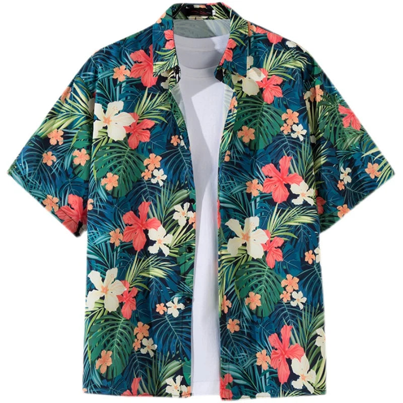 Men Street Fashion Summer Daily Shirt Hawaiian Cartoon Print Casual Loose Shirts Short Sleeve Beach Loose Tops Fuchsia