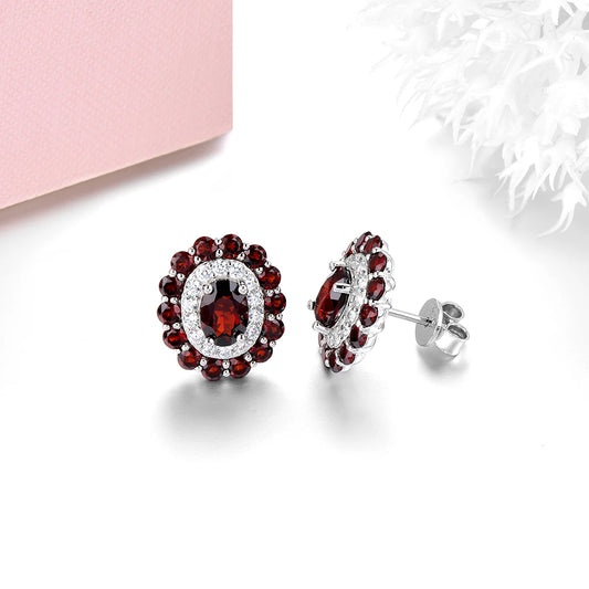 Natural Red Garnet Sterling Silver Stud Earring 5.5 Carats Genuine Gemstone S925 Fine Jewelry Classic Romantic Christmas Gifts