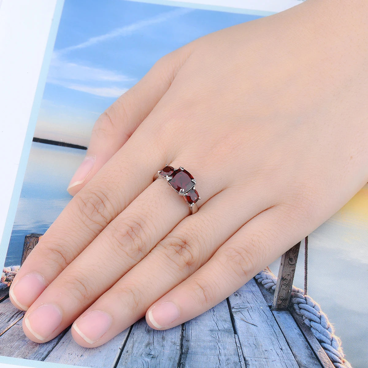 Natural Red Garnet Sterling Silver Rings 4.5 Carats Genuine Gemstone Women Classic Design Fine Jewelry Top Quality Birthday Gift