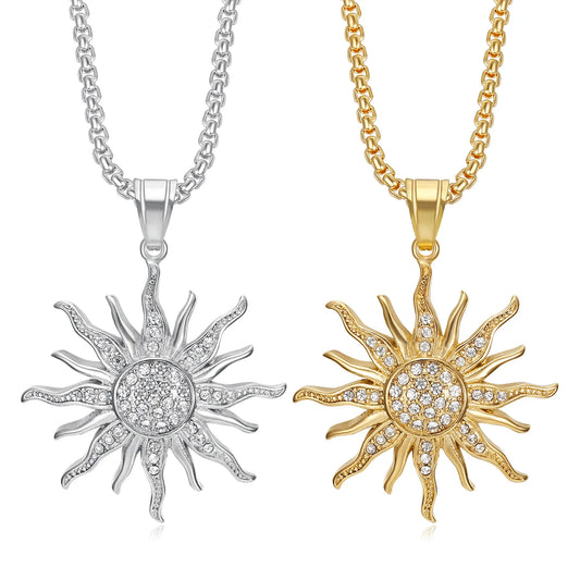 Fashion Jewelry Stainless Steel Sun Flower Pendant Unisex Hiphop Cubic Zirconia Necklace Square Rolo Chain