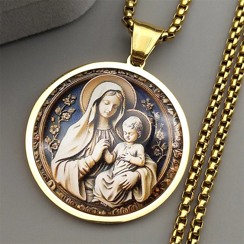 Virgin Mary Hold Baby Jesus Glass Round Medal Pendant Necklace for Women Men Stainless Steel Gold Color Catholic Amulet Jewelry
