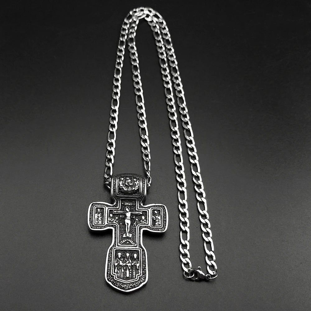 Jesus Crucifix Cross Orthodox Necklace for Women Men Stainless Steel Christian Believer Chain Necklace Vintage Charm Jewelry
