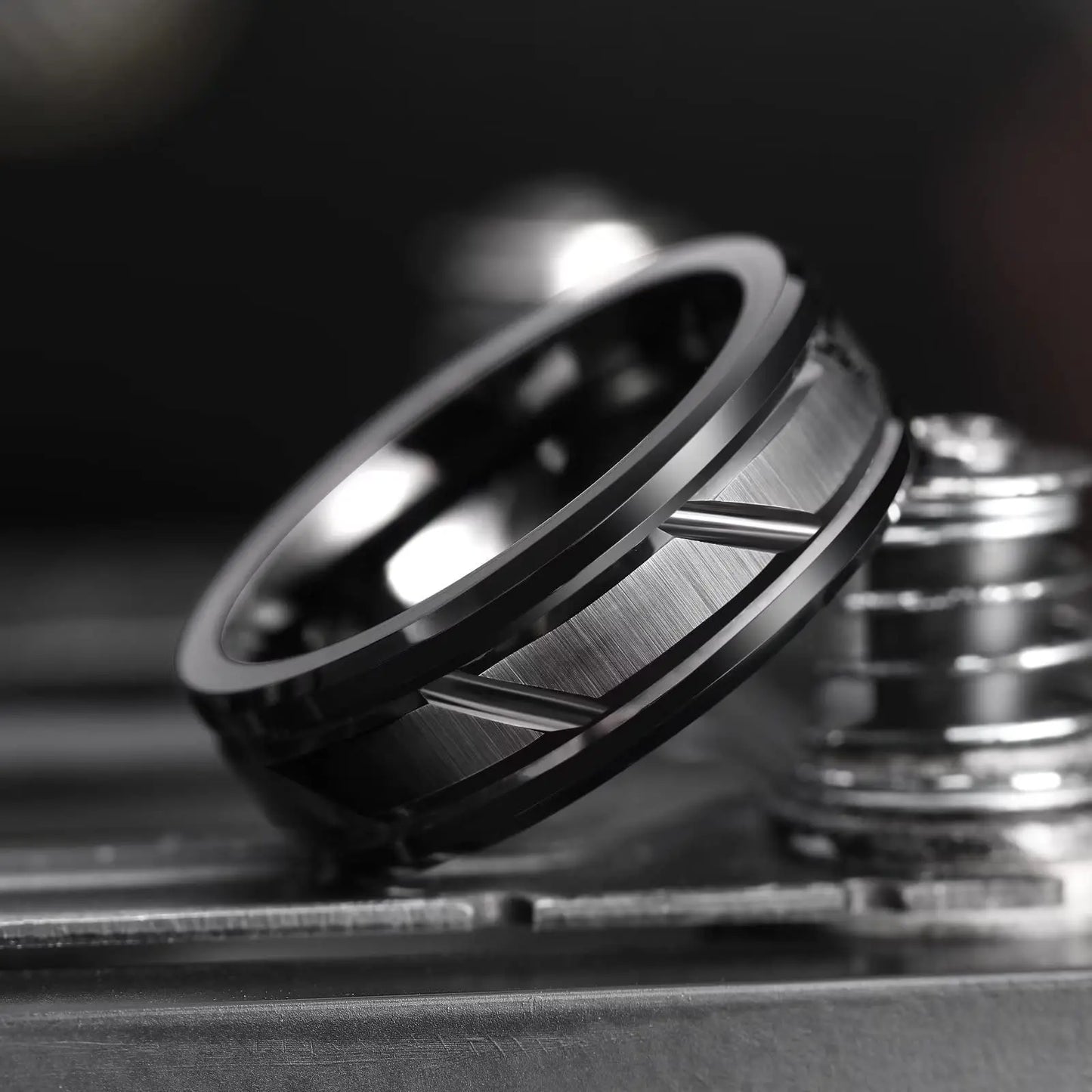 Fashio Men Rings Black Titanium Stainless Steel Rings For Men Women Brick Pattern Finish Beveled Edge Wedding Ring Party Jewelry