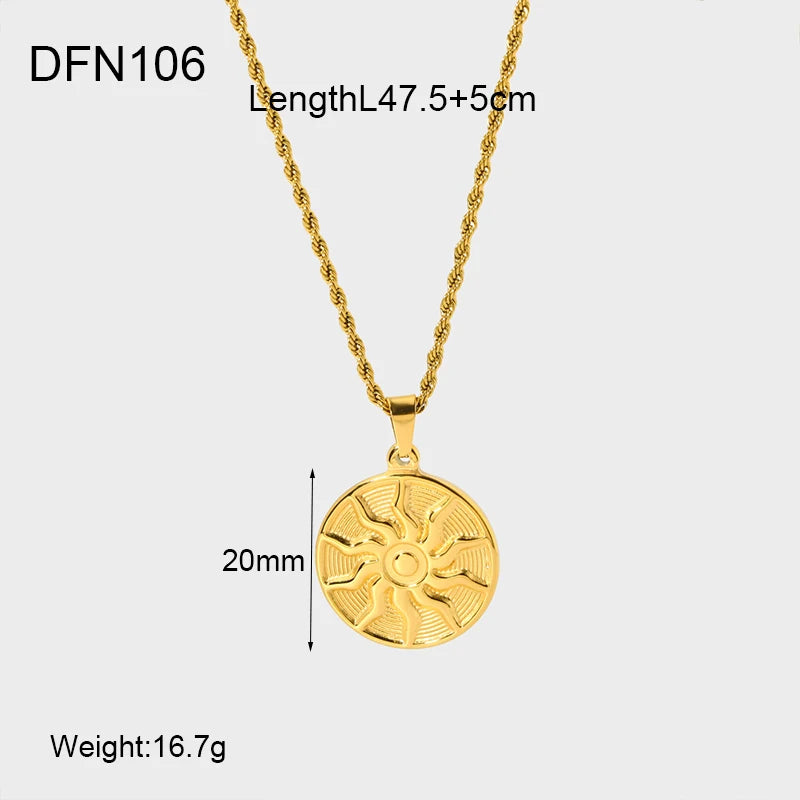 Waterproof Stainless Steel 18k Gold Plated Sunflower Big Round Pendant Necklace Apollo Amulet Pendant Necklace for Women Men