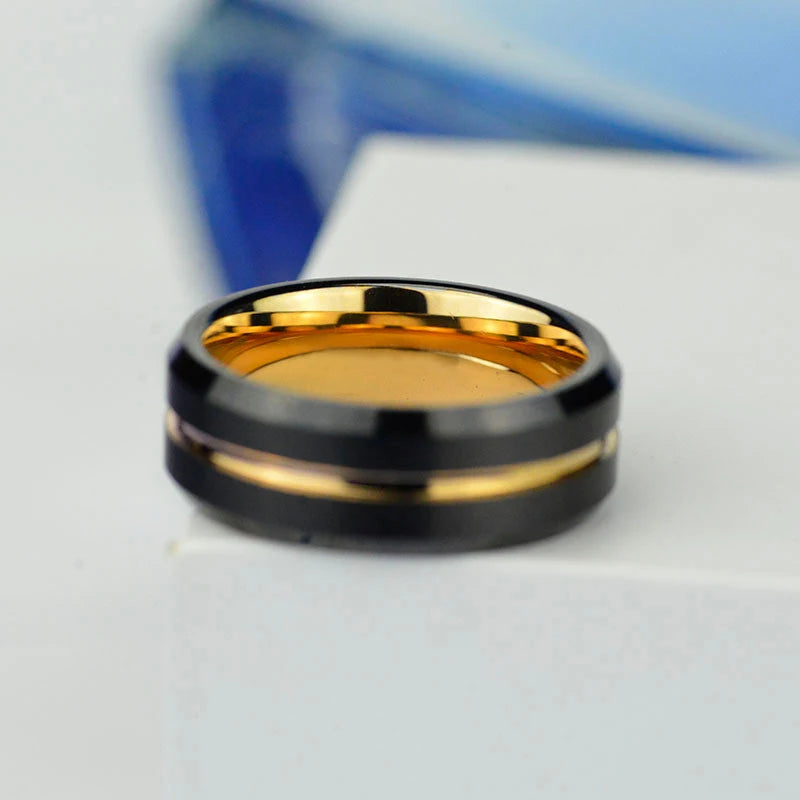 Trendy 8mm Rose Gold Color Groove Beveled Edge Titanium Men Wedding Rings Black Brushed Stainless steel Ring Men's Wedding Band