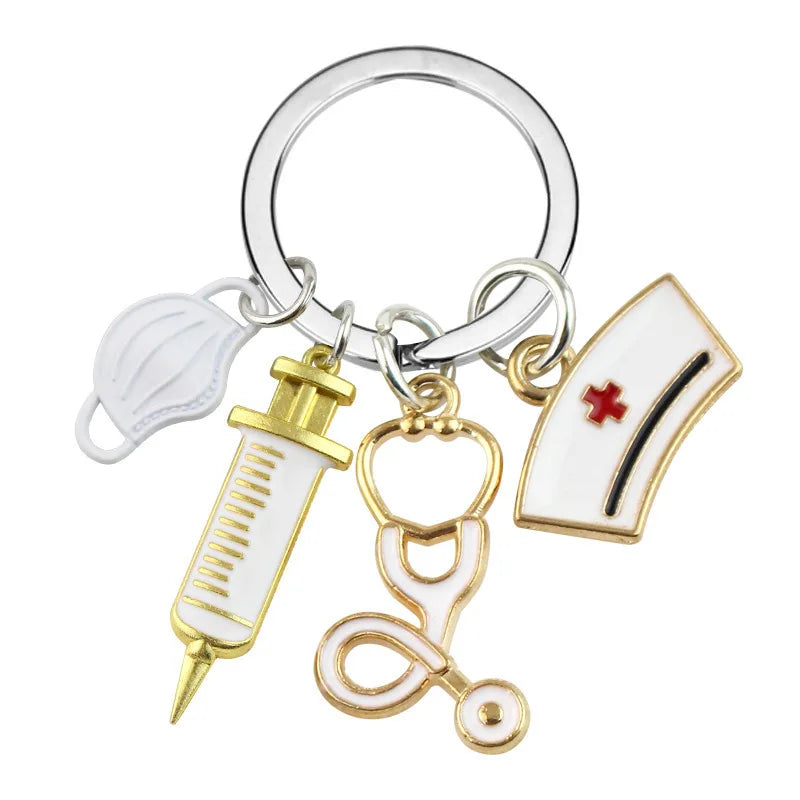 Medical Tool Doctor Keychain Heartbeat Stethoscope Syringe Nurse Cap Key Ring Nurse Gifts Handmade Jewelry Bag Ornaments Charm 4-WT