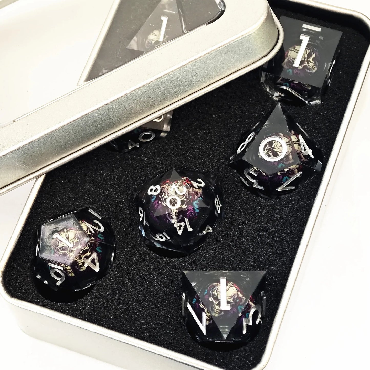 MINI PLANET Skull Liquid Core Dice Set Polyhedral DND Dice For TRPG Desktop Game Sharp Resin Dice Set 7pcs Handmade Dice MY401-Box