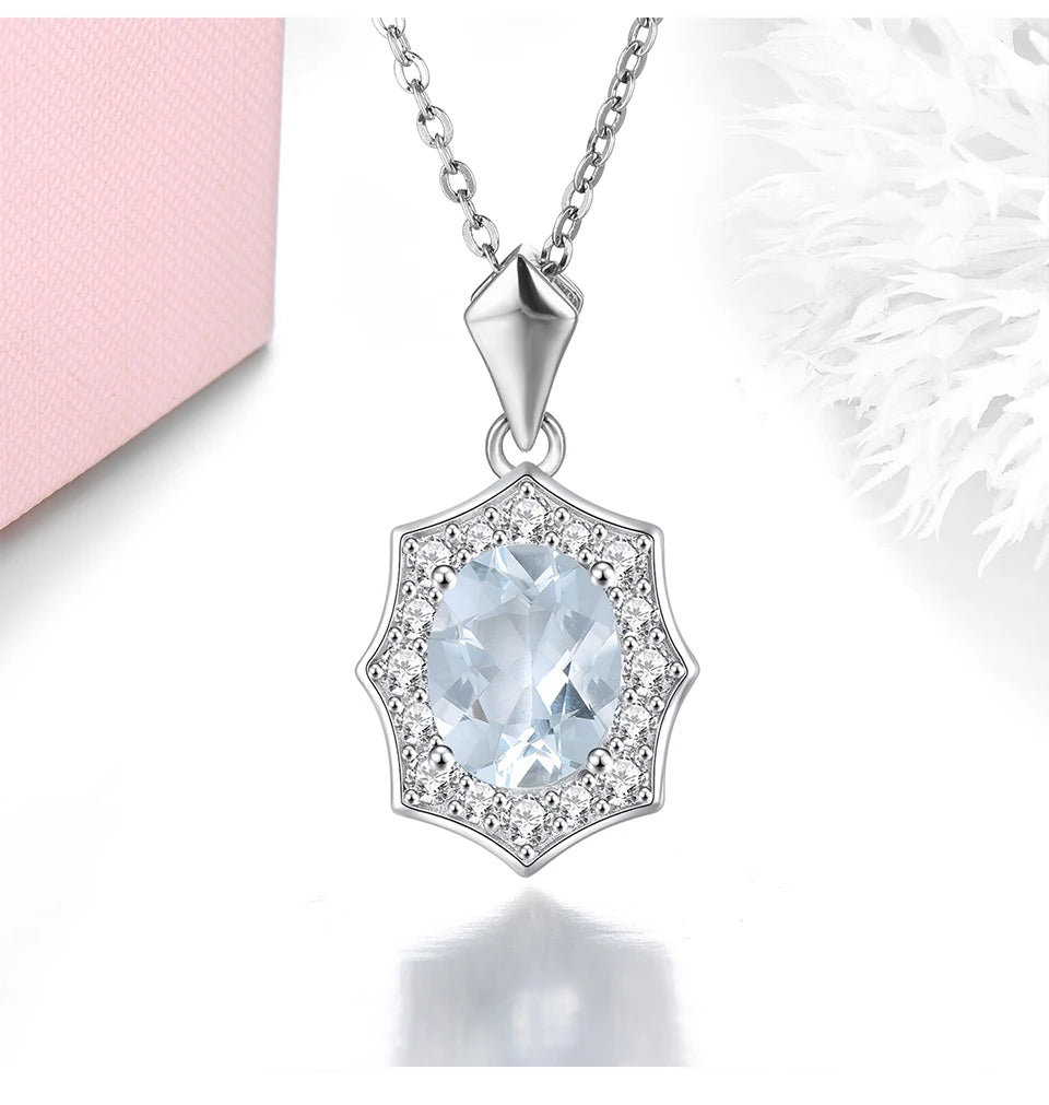 Natural Aquamarine Sterling Silver Pendant 1.6 Carats Genuine Light Blue Gemstone Classic Simple Design S925 Birthday Gifts