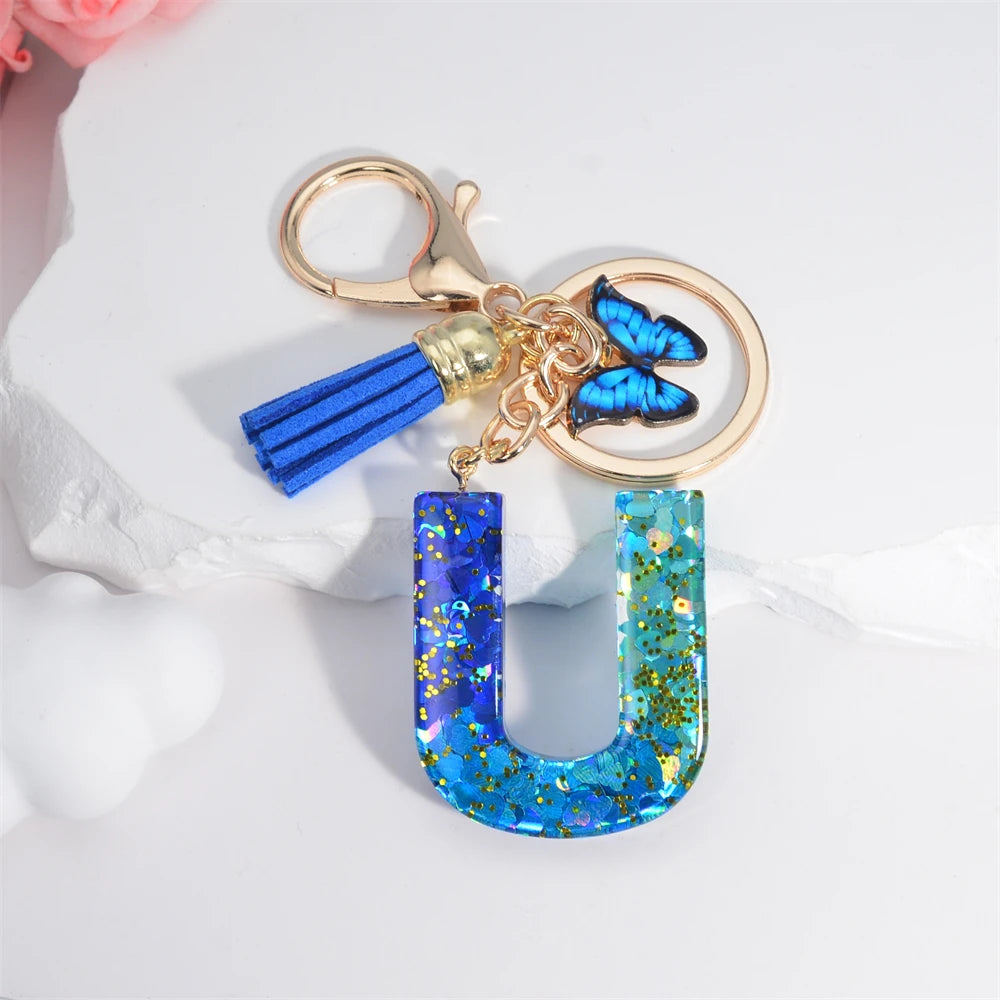 Sea Blue A To Z 26 Letter Keychain Women Wallet Charms 26 Initials Alphabet Butterfly Tassel Pendant With Key Rings Jewelry Gift U 55mm