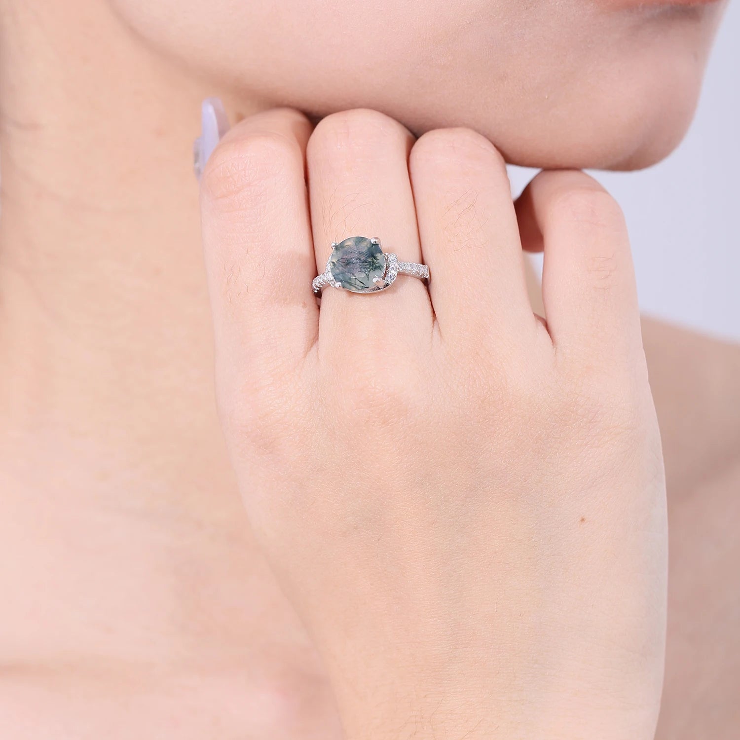 GEM'S BALLET 9mm Round Natural Moss Agate Gemstone Ring in 925 Sterling Silver Birthstone Dainty Ring Gift For Her