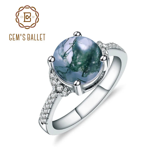 GEM'S BALLET 9mm Round Natural Moss Agate Gemstone Ring in 925 Sterling Silver Birthstone Dainty Ring Gift For Her