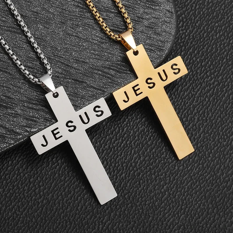 Stainless Steel Cross Letter Pendant Christian Savior Jesus Necklace Men and Women Religious Prayer Amulet Jewelry