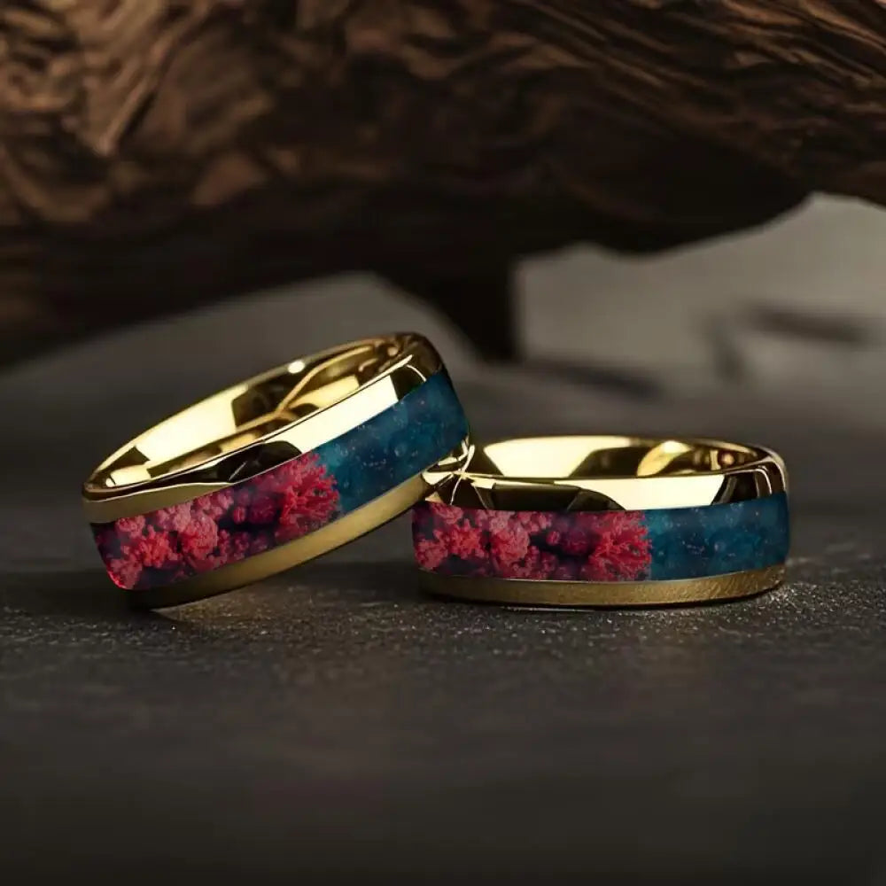 Fashion 8MM Gold Color Stainless Steel Rings For Men Domed Red and Blue Stone Inlay Rings Wedding Engagement Jewelry Gift