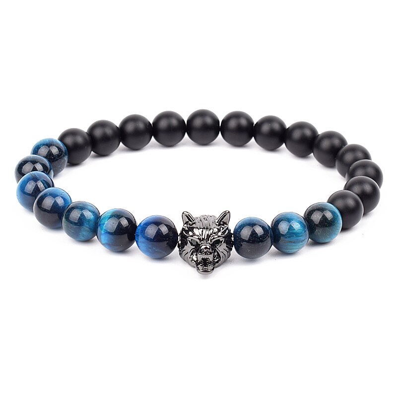 Wolf Charm Bracelets Men Natural Black Agates Onyx Stone Bracelet Brave Blue Tiger Eye Elastic 8 mm Beads Jewelry Beaded Pulsera Blue tiger eye 1